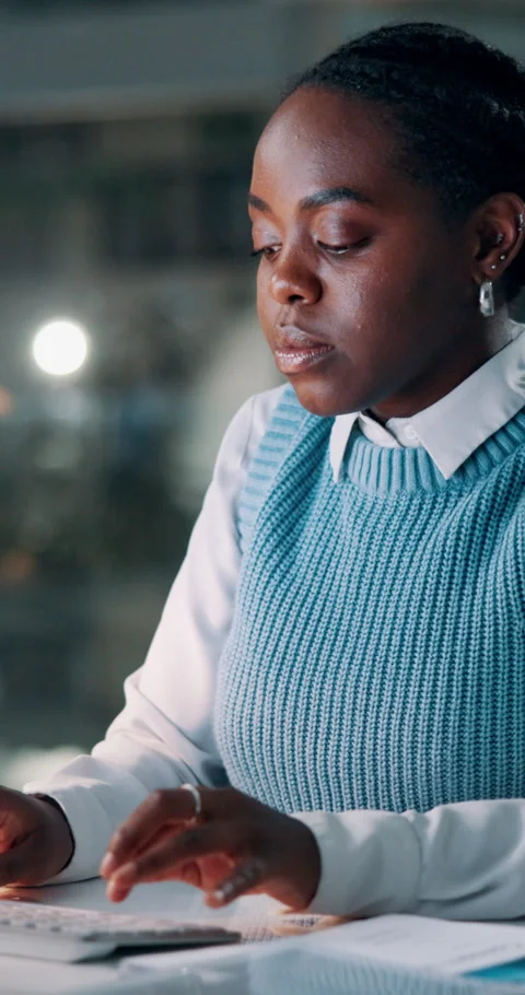 Creative, employee and woman with computer, typing and journalist with article Stock Footage 327847332