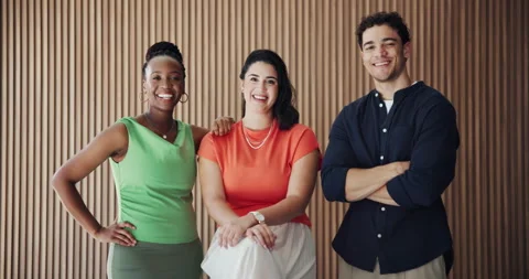 Creative, face and team with smile in office for journalism, career development Stock Footage 331067018