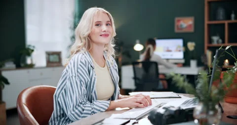 Creative, face and woman with computer in business, graphic designer and digital Stock Footage 336304002