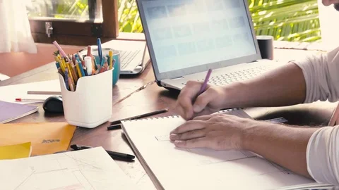 Creative fashion design men develop ideas and looking laptop Stock-Footage 73131414