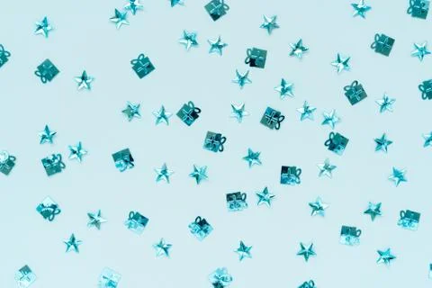 Creative festive background from sky blue stars. Stock Photos