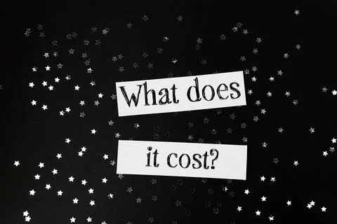 Creative flat illustration with text asking about cost surrounded by scattered Foto stock