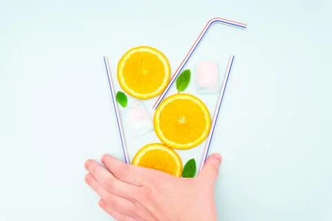 Creative flat lay arrangement in the form of a refreshing summer cocktail Stock-Fotos