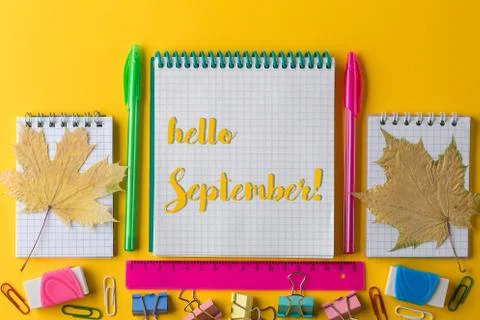 Creative flat lay back to school concept with Notepad. Stock Photos