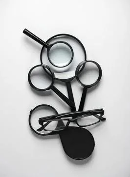 Creative flat lay of black glasses, magnifying glass, and notebook Foto stock