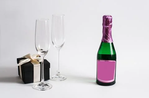 Creative flat lay composition with bottle of champagne and space for text on  Stock Photos
