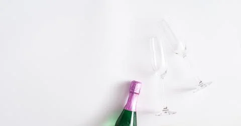 Creative flat lay composition with bottle of champagne and space for text on  Stock Photos