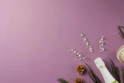 Creative flat lay composition with bottle of champagne and space for text on  Stock Photos