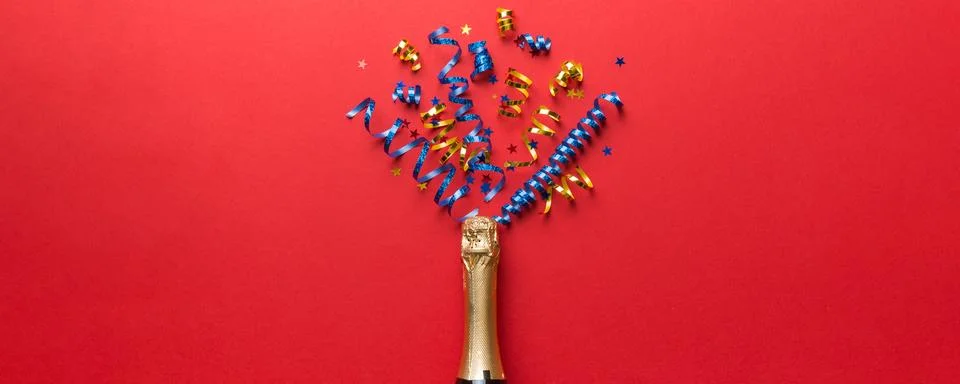 Creative flat lay composition with bottle of champagne and space for text on  Stock Photos