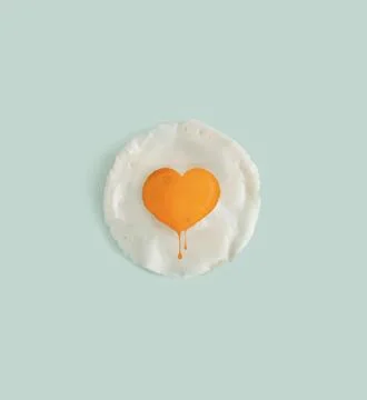 Creative flat lay concept of a poached egg with a yolk in a heart shape. Po.. Stock Photos