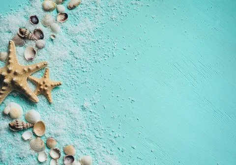 Creative flat lay concept of summer travel vacations. Seashells and starfish  Stock Photos