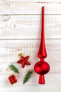 Creative flat lay with fir tree branches and top for christmas tree and xmas  Stock Photos
