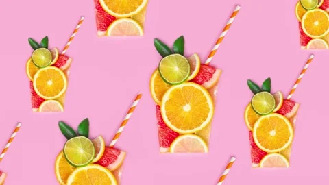 Creative flat lay juice concept pattern. Sliced citrus orange, lime, grapefruit Stock Footage 270721323