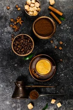 Creative flat lay with milled coffee, coffee beans, brown sugar and espresso Stock Photos