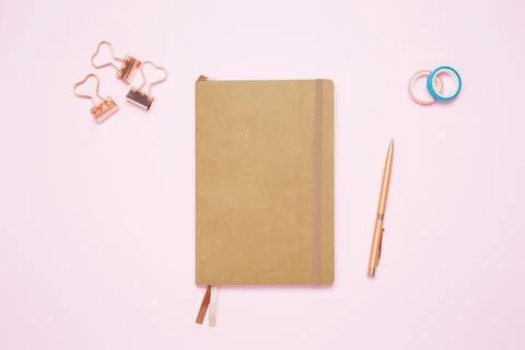 Creative flat lay mockup design of workspace. Top view composition with close Stock Photos