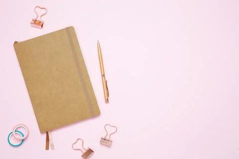 Creative flat lay mockup design of workspace. Top view composition with close Stock Photos