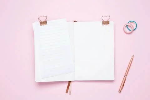 Creative flat lay mockup design of workspace. Top view composition with white Stock Photos