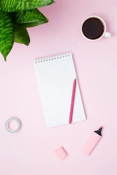 Creative flat lay mockup design of workspace. Top view composition with white Stock Photos