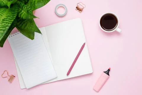 Creative flat lay mockup design of workspace. Top view composition with white Stock Photos