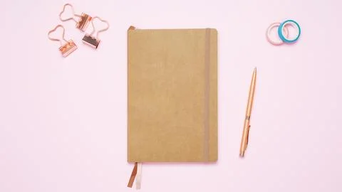 Creative flat lay mockup design of workspace. Top view composition with close Stock Photos