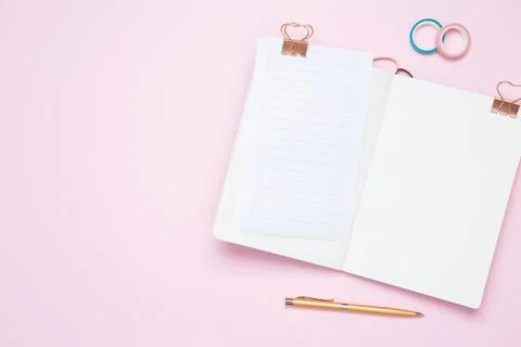 Creative flat lay mockup design of workspace. Top view composition with white Stock Photos