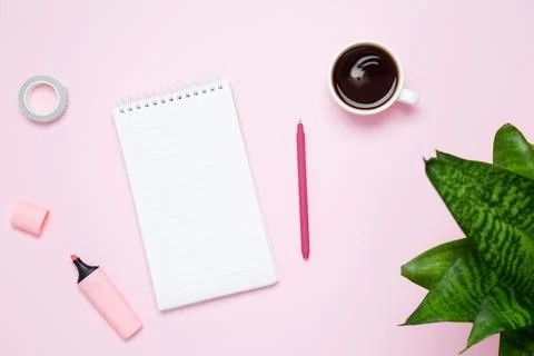 Creative flat lay mockup design of workspace. Top view composition with white Stock Photos