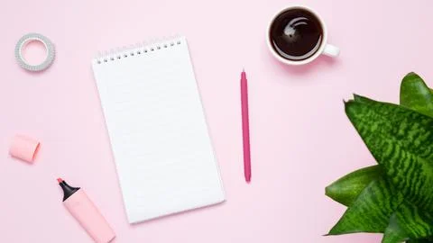 Creative flat lay mockup design of workspace. Top view composition with white Stock Photos