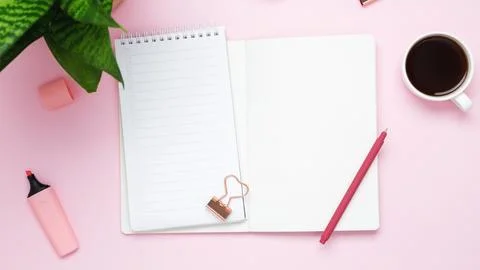 Creative flat lay mockup design of workspace. Top view composition with white Stock Photos