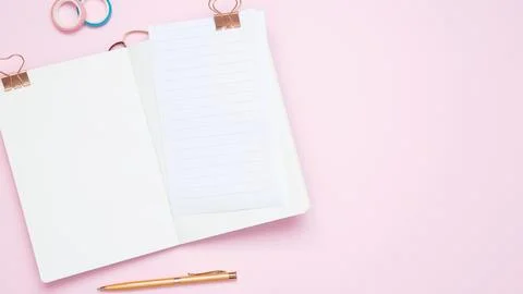 Creative flat lay mockup design of workspace. Top view composition with white Stock Photos