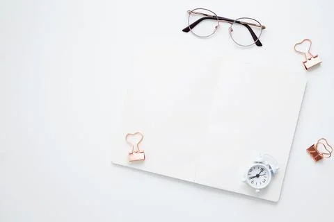 Creative flat lay mockup design of workspace. Top view composition with white Stock Photos