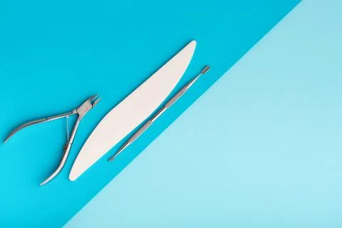 Creative flat lay overhead composition with tools for manicure/pedicure Stock Photos