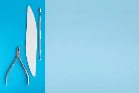 Creative flat lay overhead composition with tools for manicure/pedicure Stock-Fotos