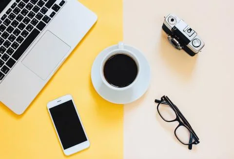 Creative flat lay photo of workspace desk with laptop, smartphon Stock Photos