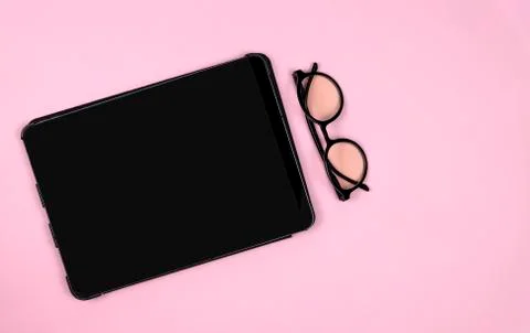 Creative flat lay photo of workspace desk. Stock Photos