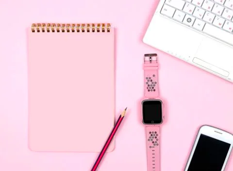 Creative flat lay photo of workspace desk. Stock Photos