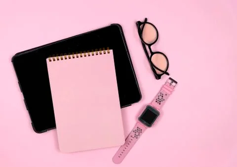 Creative flat lay photo of workspace desk. Stock Photos
