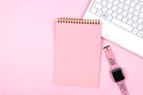 Creative flat lay photo of workspace desk. Stock Photos