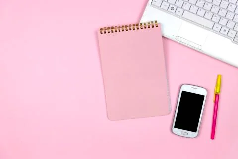 Creative flat lay photo of workspace desk. Stock Photos