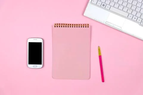 Creative flat lay photo of workspace desk. Stock Photos