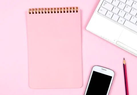 Creative flat lay photo of workspace desk. Stock Photos