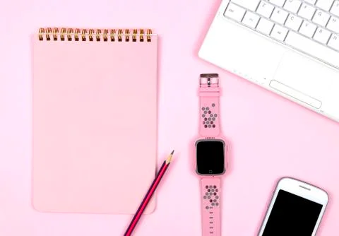 Creative flat lay photo of workspace desk. Stock Photos