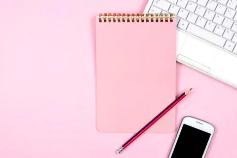 Creative flat lay photo of workspace desk. Stock Photos
