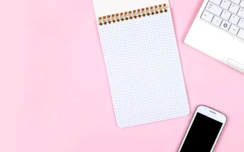 Creative flat lay photo of workspace desk. Stock Photos