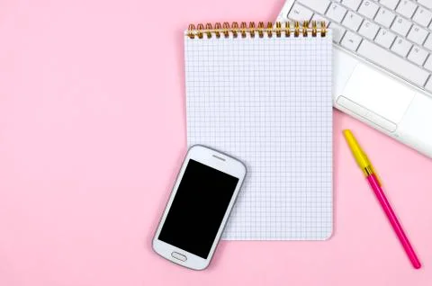 Creative flat lay photo of workspace desk. Stock Photos