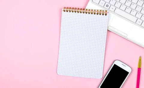 Creative flat lay photo of workspace desk. Stock Photos