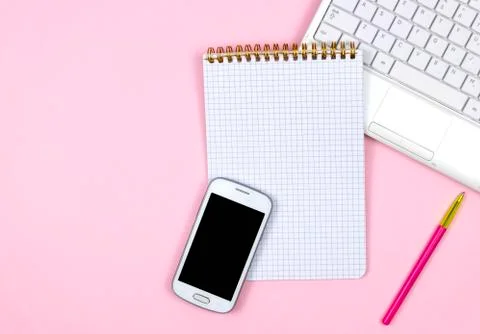 Creative flat lay photo of workspace desk. Stock Photos