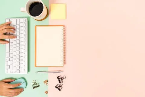 Creative flat lay photo of workspace desk. Top view office desk with keyboa.. Stock Photos