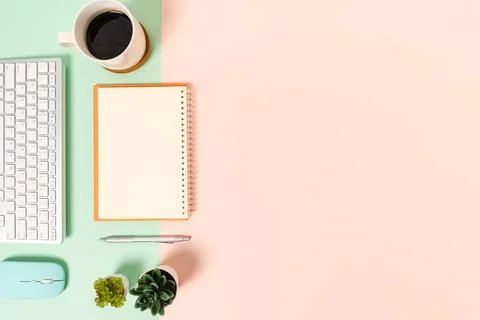 Creative flat lay photo of workspace desk. Top view office desk with keyboa.. Stock Photos