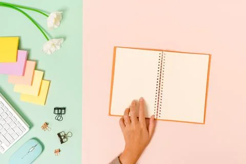 Creative flat lay photo of workspace desk. Top view office desk with keyboa.. Stock Photos