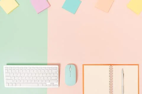 Creative flat lay photo of workspace desk. Top view office desk with keyboa.. Stock Photos